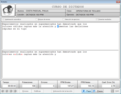 Pantalla principal del Curso de dictados